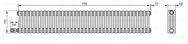 Схема (чертеж) Радиатор Zehnder Charleston 3037/37 №V003 Белый глянцевый RAL 9016
